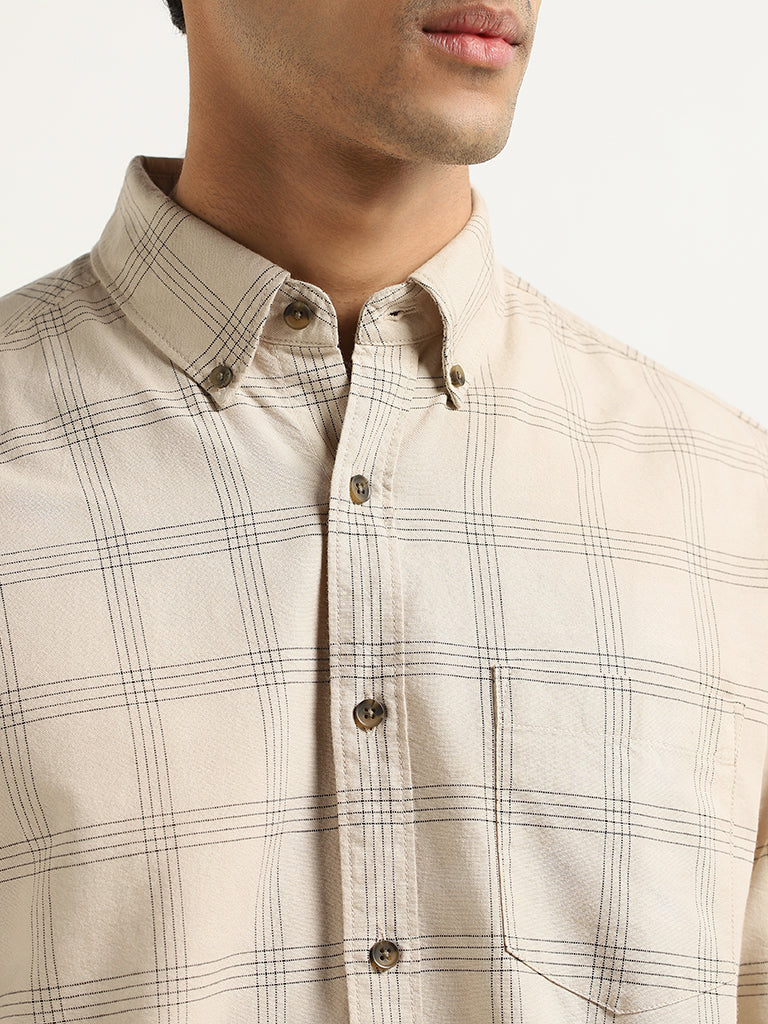 WES Casuals Beige Checked Relaxed Fit Shirt