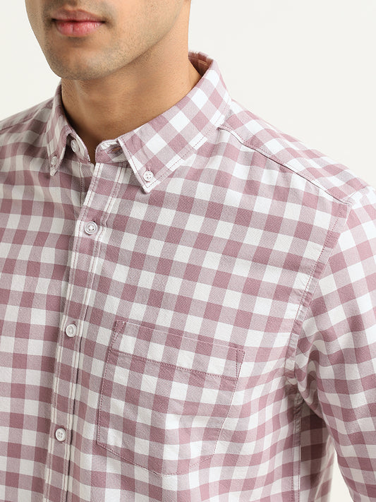 WES Casuals Pink Checked Cotton Slim Fit Shirt