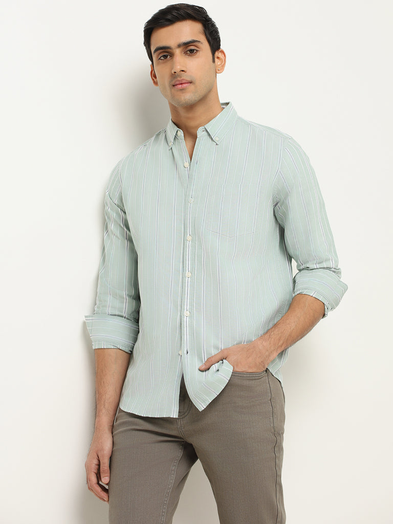 WES Casuals Green Striped Slim Fit Shirt