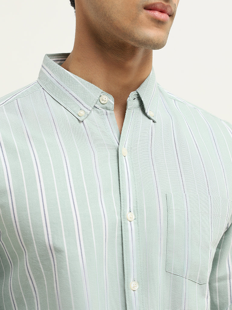 WES Casuals Green Striped Slim Fit Shirt