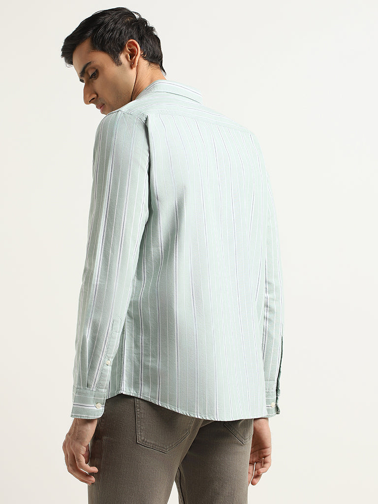 WES Casuals Green Striped Cotton Slim Fit Shirt