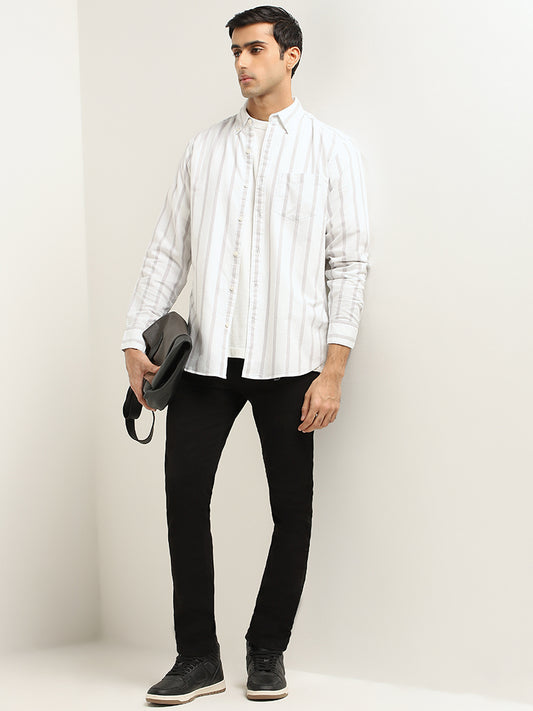 WES Casuals White Striped Relaxed Fit Shirt