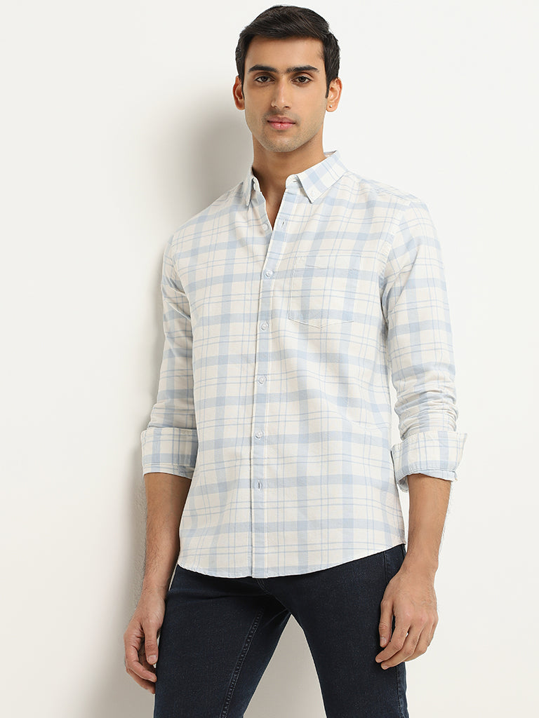 WES Casuals Blue Checked Cotton Slim Fit Shirt