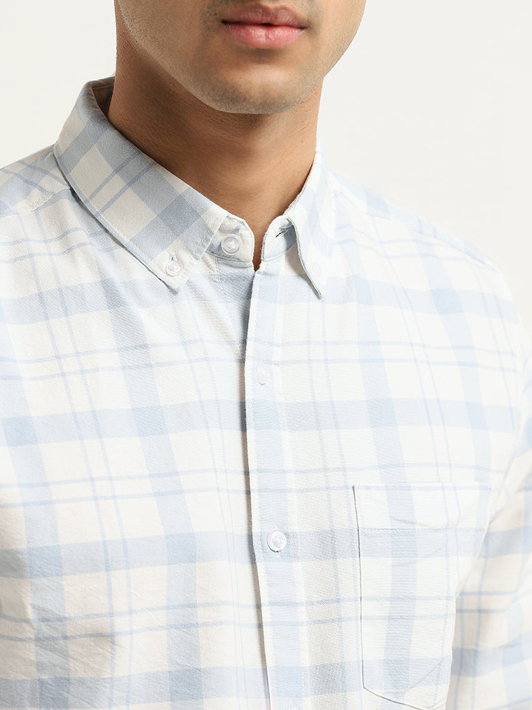 WES Casuals Blue Checked Cotton Slim Fit Shirt