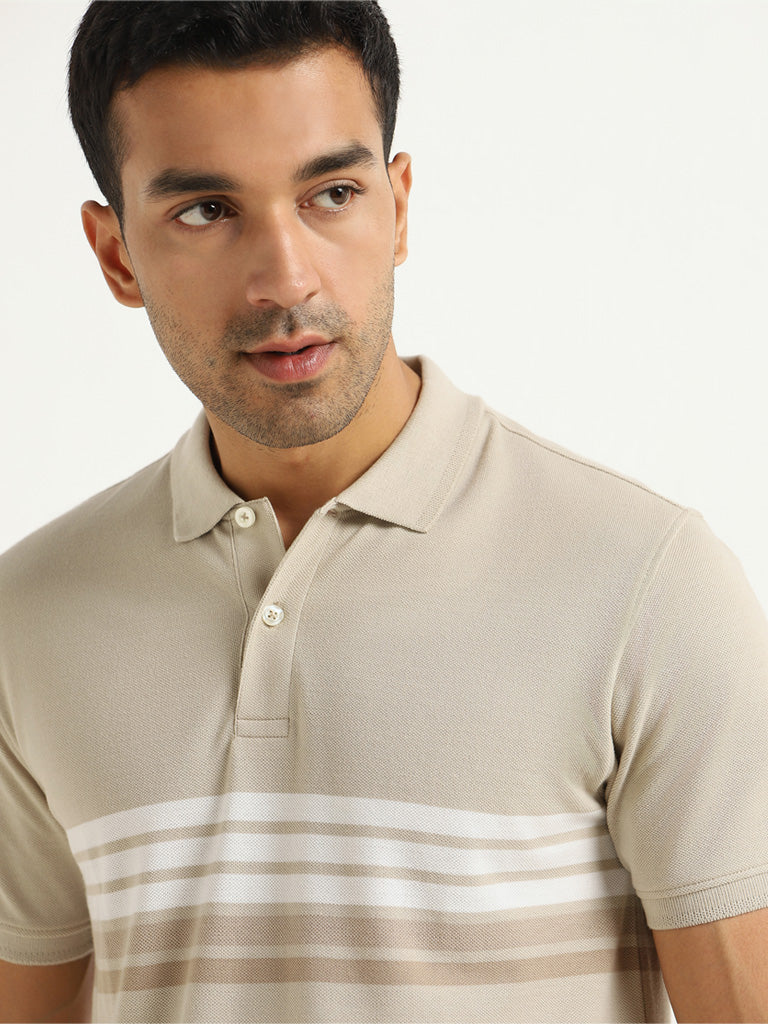 WES Casuals Beige Striped Slim Fit T-Shirt