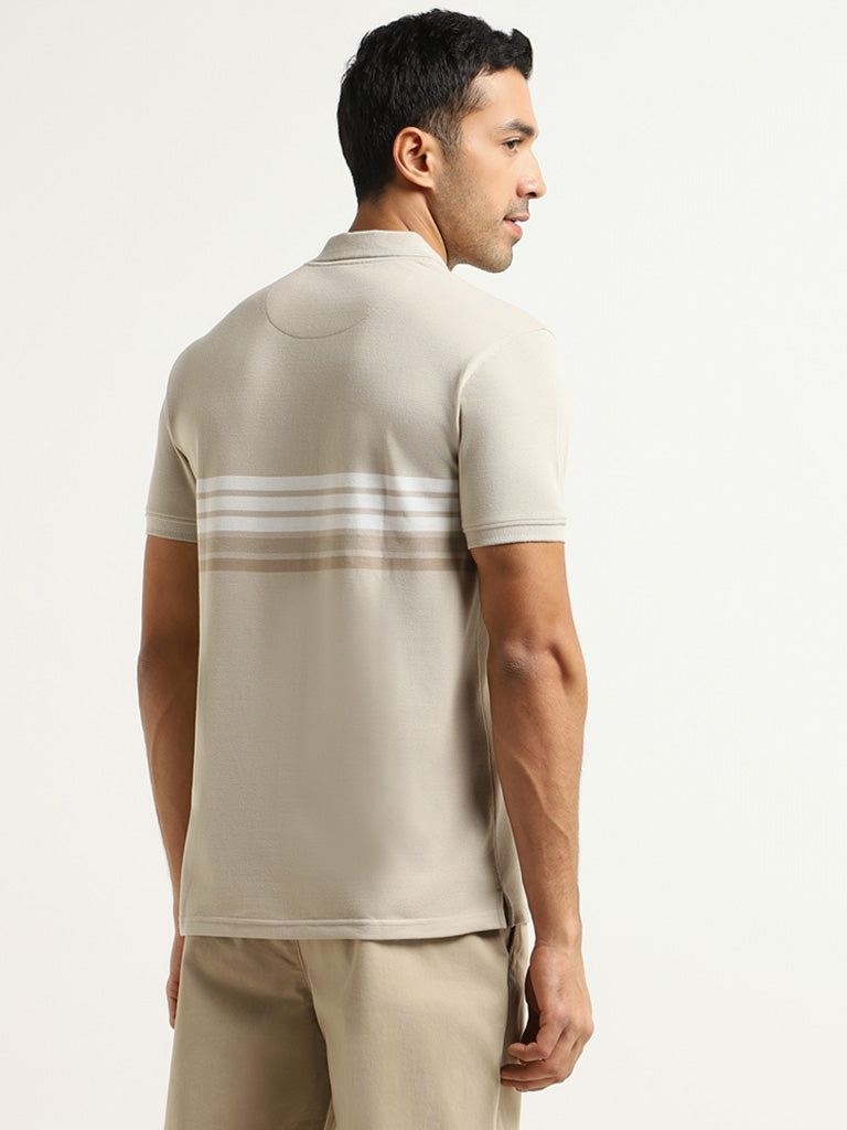 WES Casuals Beige Striped Cotton Blend Slim Fit T-Shirt