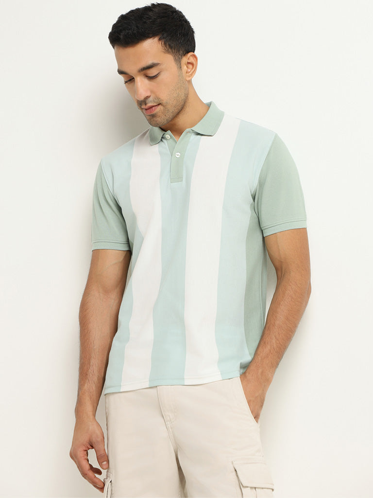 WES Casuals Green Striped Cotton Blend Slim Fit T-Shirt
