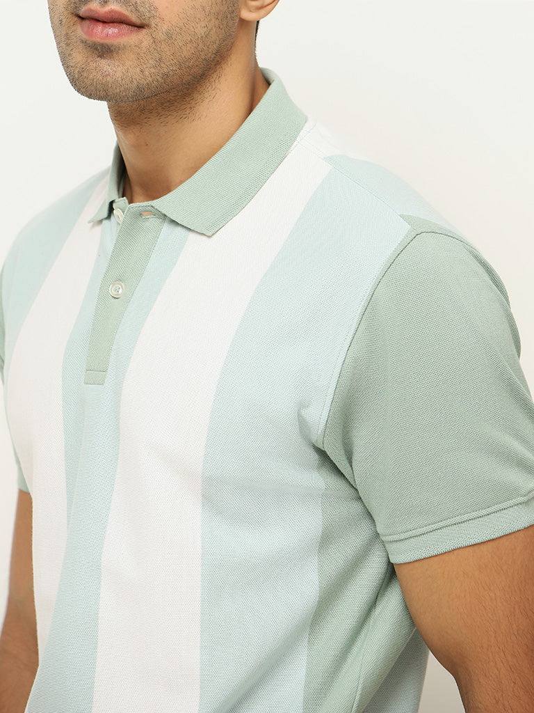WES Casuals Green Striped Slim Fit T-Shirt