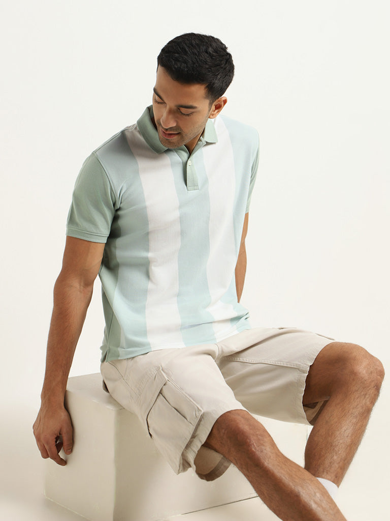 WES Casuals Green Striped Slim Fit T-Shirt