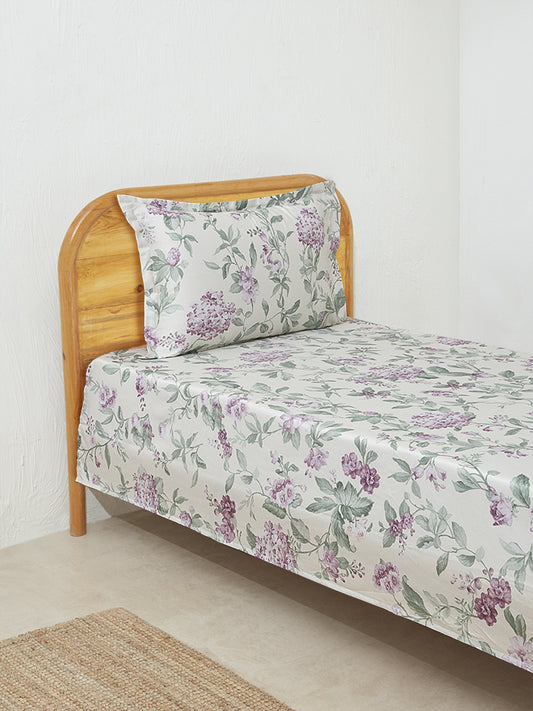 Westside Home Lilac Floral Print Single Bed Flat sheet and Pillow cover Set