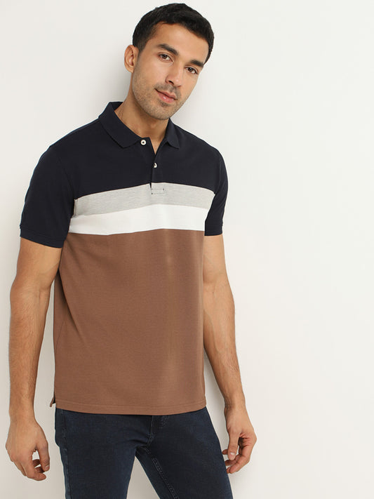 WES Casuals Brown Striped Cotton Blend Slim Fit T-Shirt