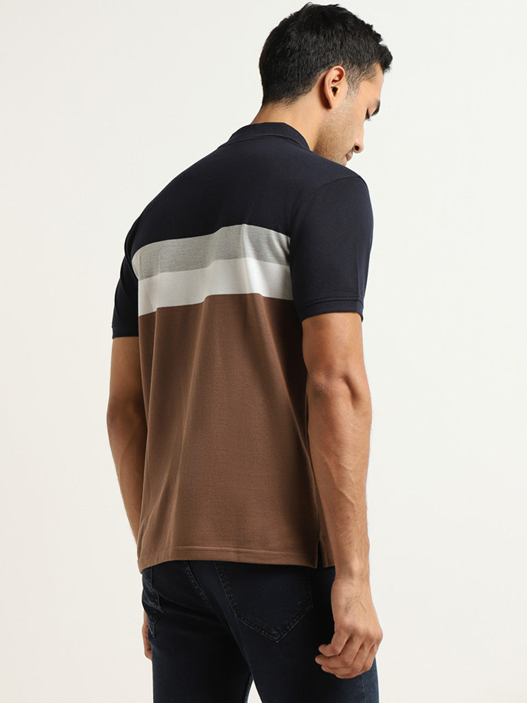WES Casuals Brown Striped Cotton Blend Slim Fit T-Shirt