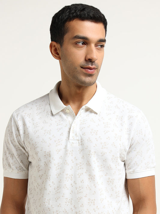 WES Casuals White Printed Slim Fit Polo T-Shirt