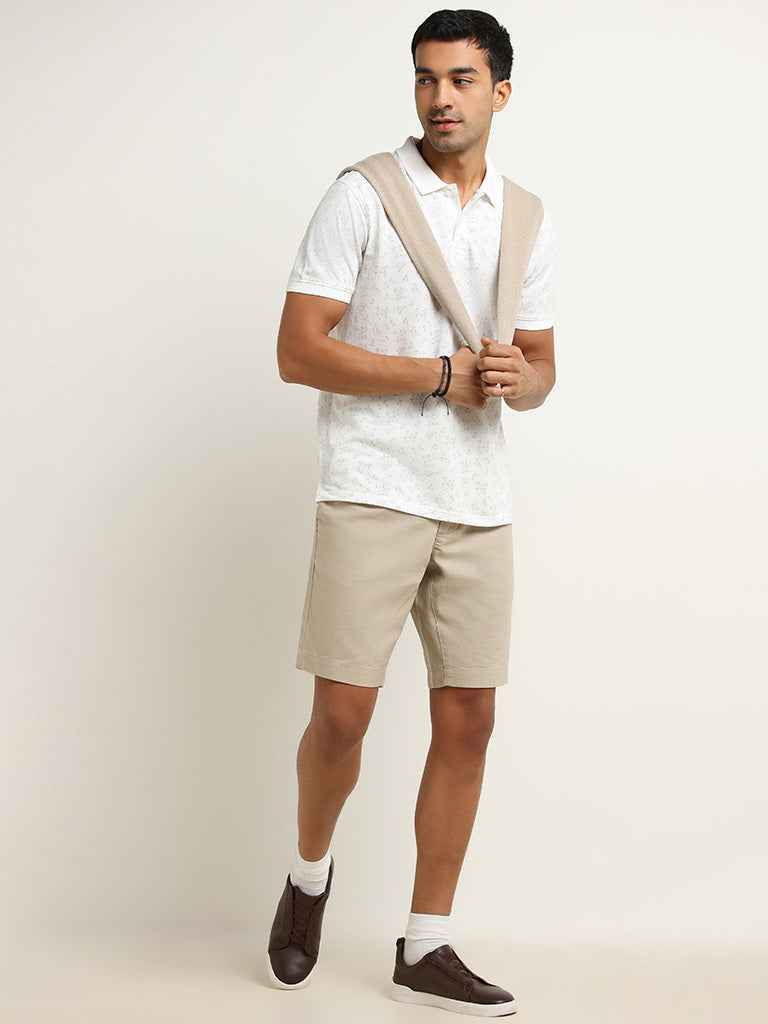WES Casuals White Printed Cotton Blend Slim Fit Polo T-Shirt