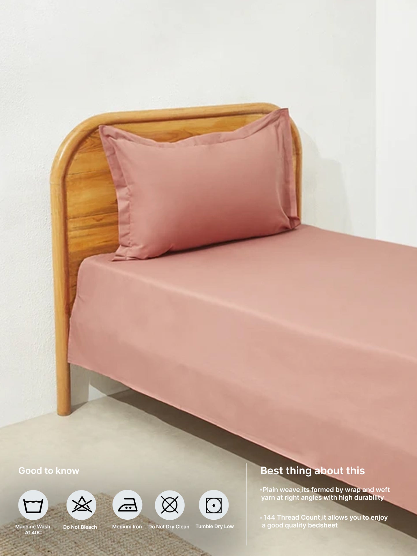 Westside Home Dusty Rose Single Bed Flat Sheet and Pillowcase Set
