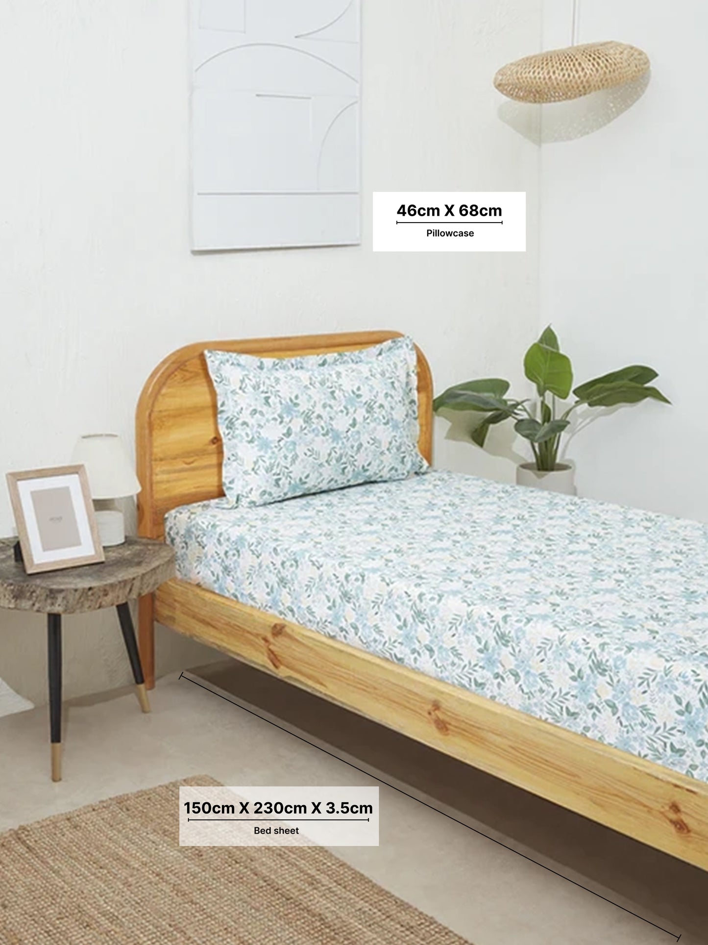 Westside Home Blue Floral Print Single Bed Fitted Sheet and Pillowcase Set
