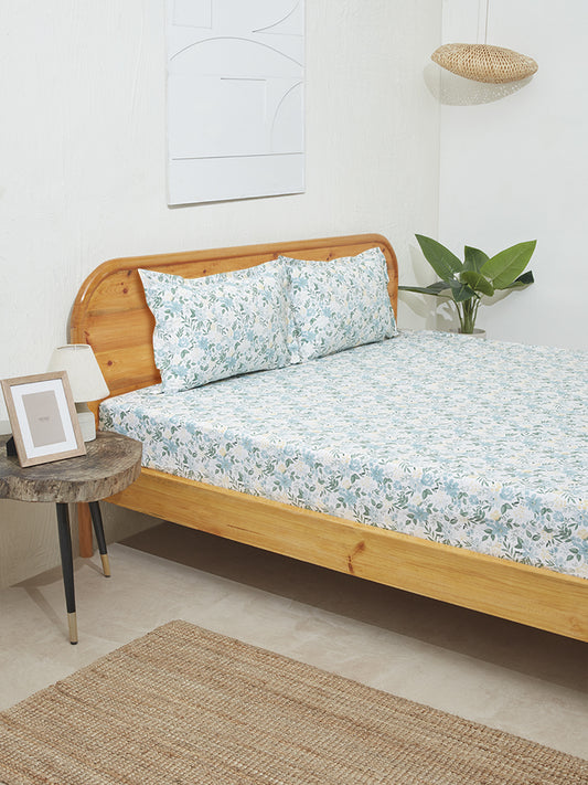 Westside Home Blue Floral Print Double Bed Fitted Sheet and Pillowcase Set