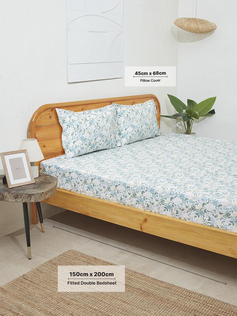 Westside Home Blue Floral Print Double Bed Fitted Sheet and Pillowcase Set
