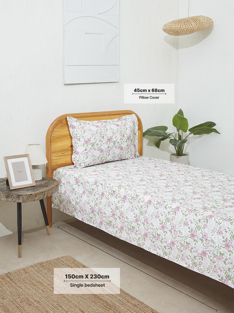 Westside Home Violet Floral Single Bed Flat Sheet and Pillowcase Set