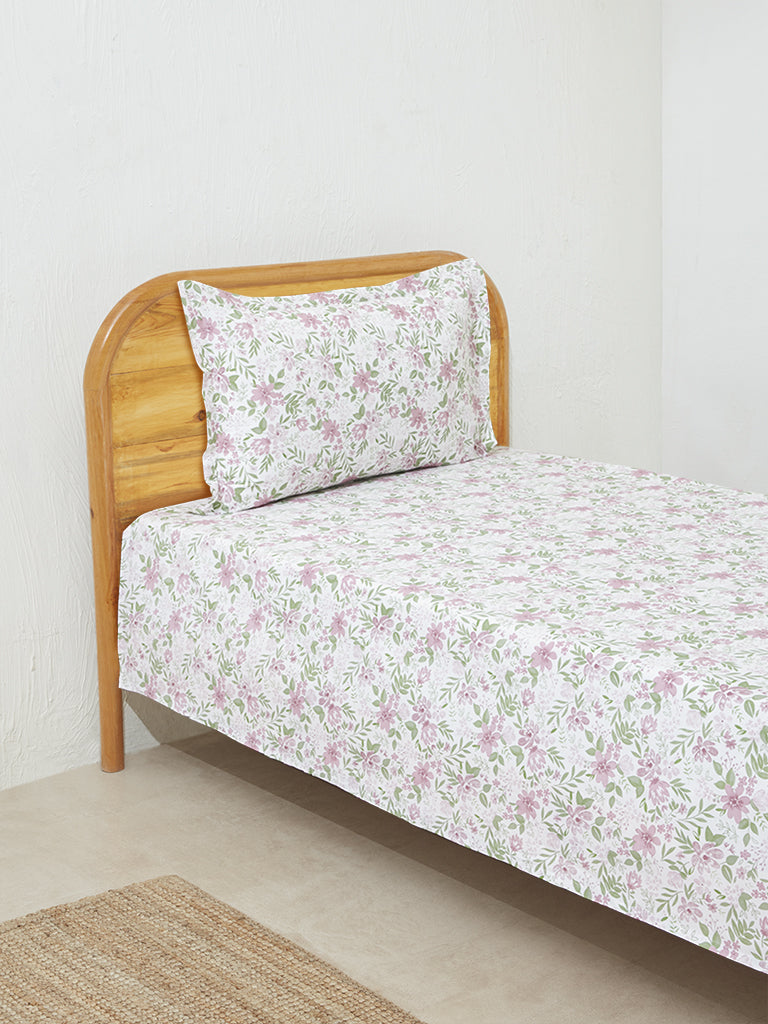 Westside Home Violet Floral Single Bed Flat Sheet and Pillowcase Set