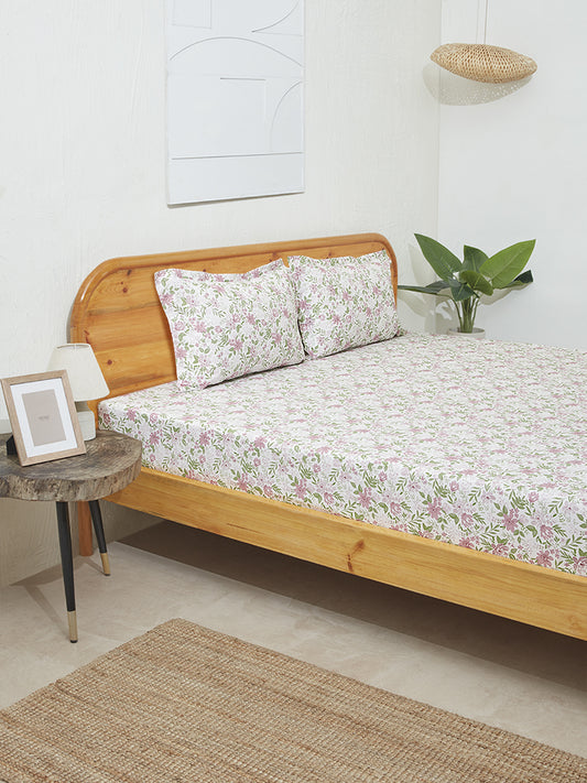 Westside Home Violet Floral King Bed Flat Sheet and Pillowcase Set