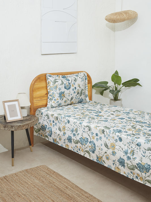 Westside Home Aqua Floral Print Single Bed Flat Sheet and Pillowcase Set