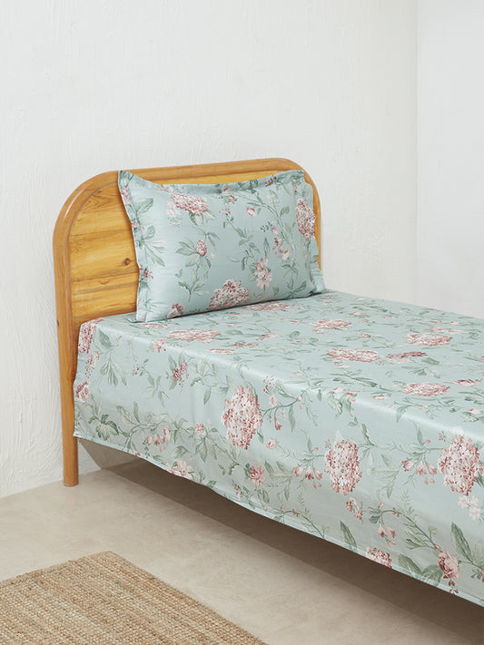 Westside Home Mint Floral Design Single Bed Flat Sheet and Pillowcase Set