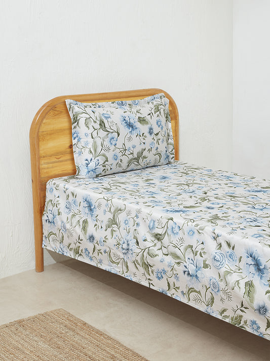 Westside Home Aqua Floral Print Single Bed Flat sheet and Pillow cover Set