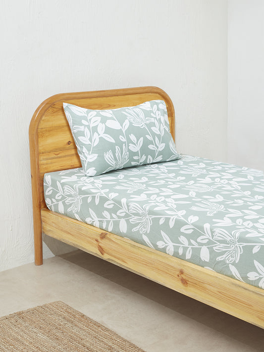Westside Home Green Leaf Design Single Bed Fitted Sheet and Pillowcase Set