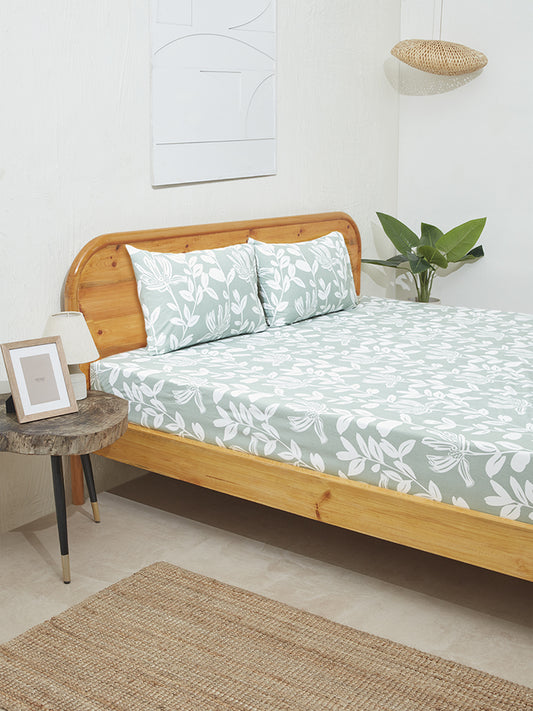 Westside Home Green Leaf Design Double Bed Fitted Sheet and Pillowcase Set