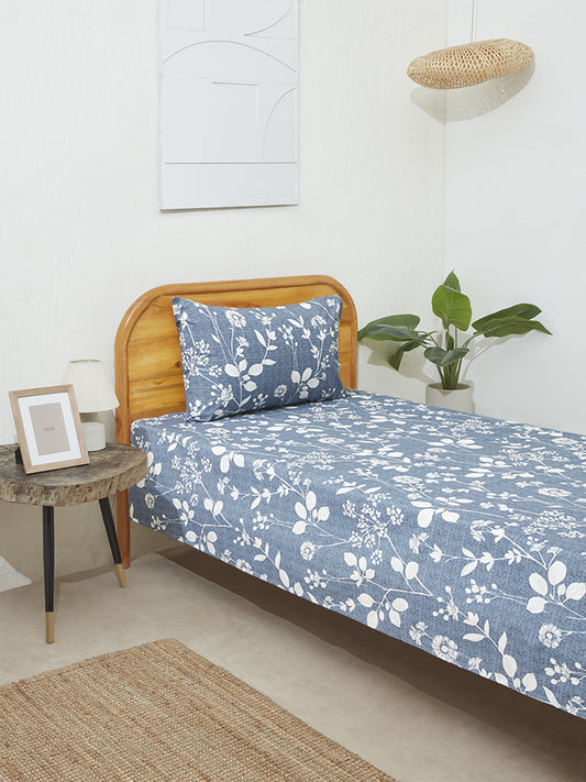 Westside Home Dusty Blue Floral Single Bed Flat Sheet and Pillowcase Set