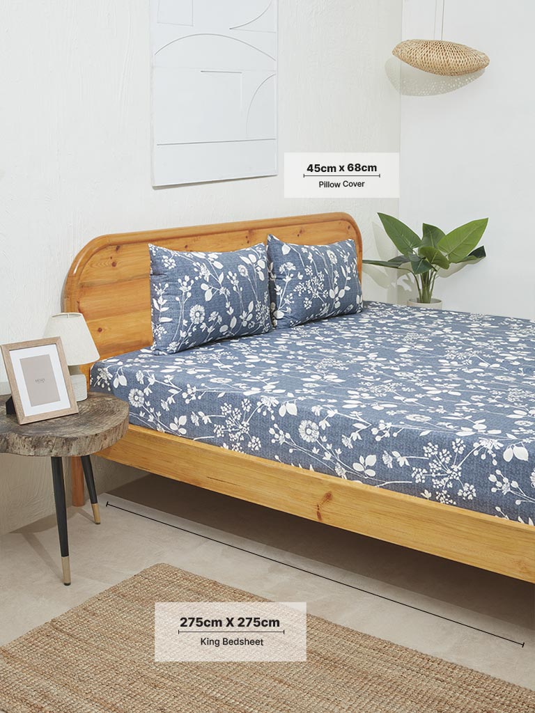 Westside Home Dusty Blue Floral King Bed Flat Sheet and Pillowcase Set