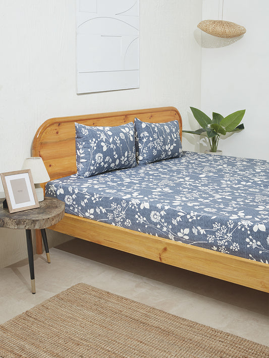 Westside Home Dusty Blue Floral Double Bed Flat Sheet and Pillowcase Set