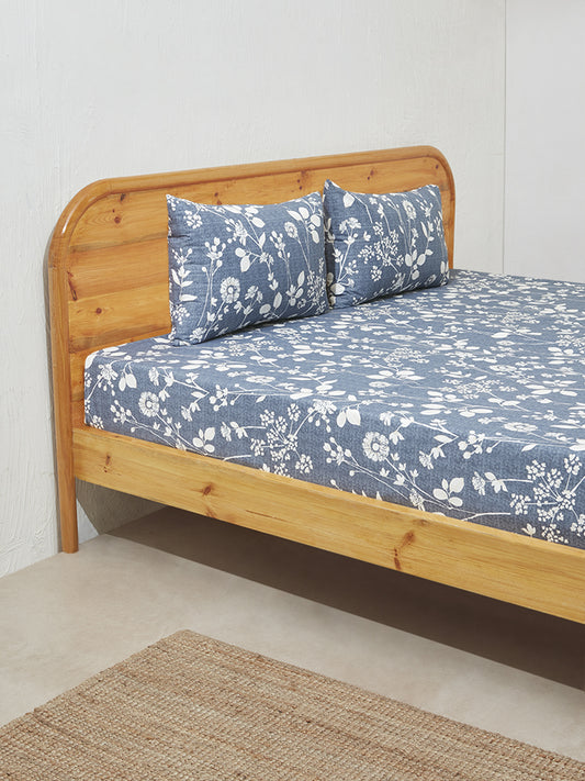 Westside Home Dusty Blue Floral Double Bed Flat Sheet and Pillowcase Set