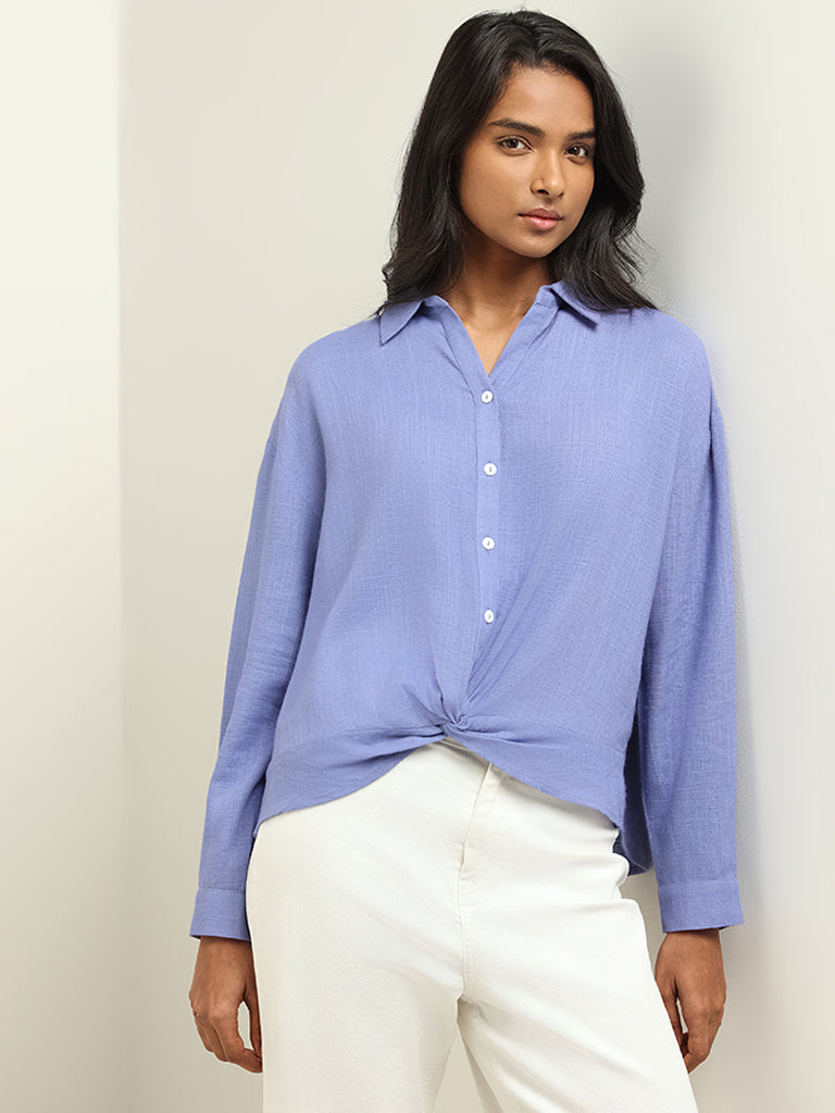 LOV Lavender Plain Blended Linen Shirt