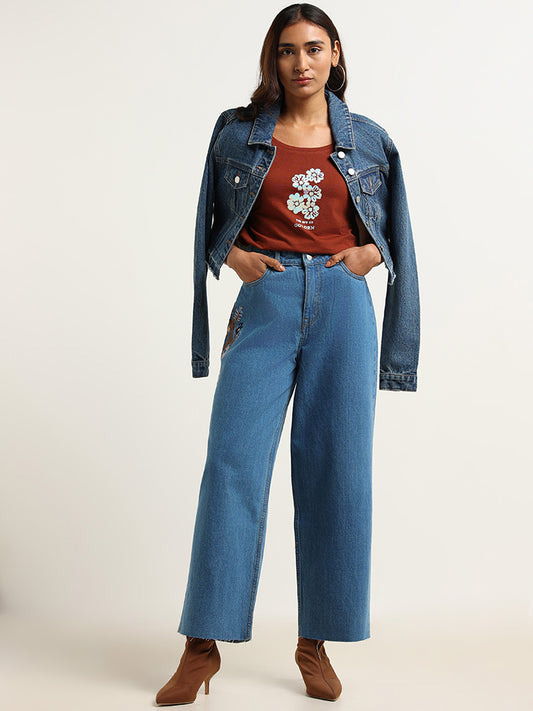 LOV Embroidered Wide-Leg Blue Jeans