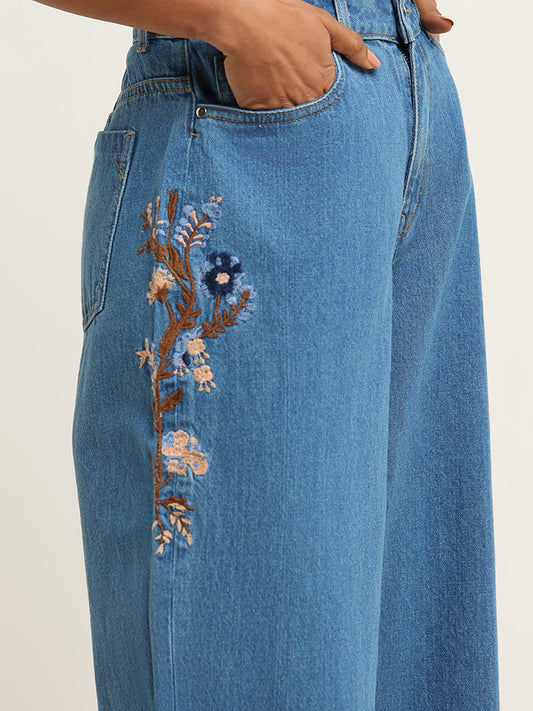 LOV Embroidered Wide-Leg Blue Jeans