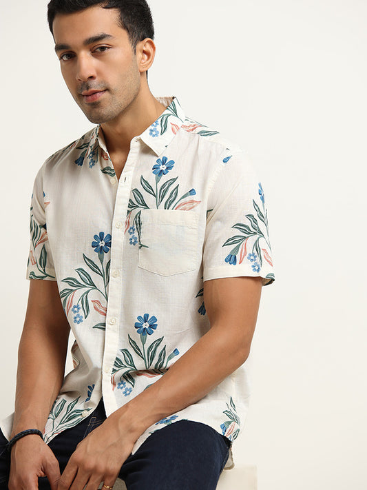 WES Casuals Cream Slim-Fit Botanical Print Shirt