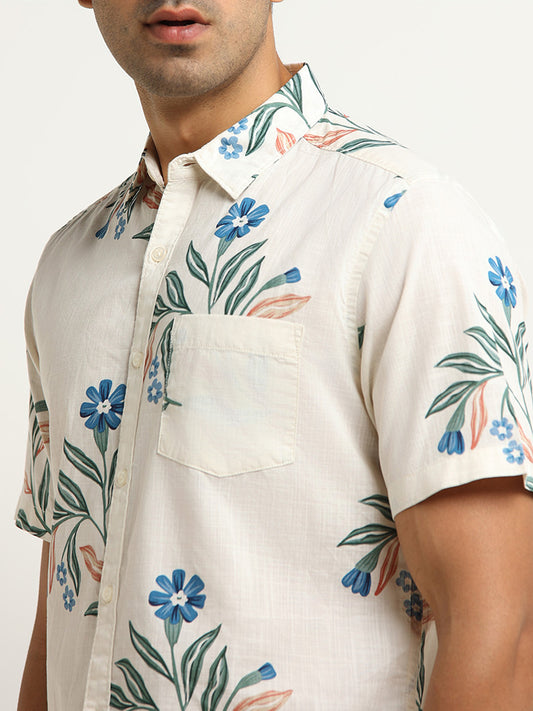 WES Casuals Cream Slim-Fit Botanical Print Shirt