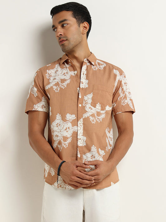 WES Casuals Brown Slim-Fit Floral Print Cotton Shirt