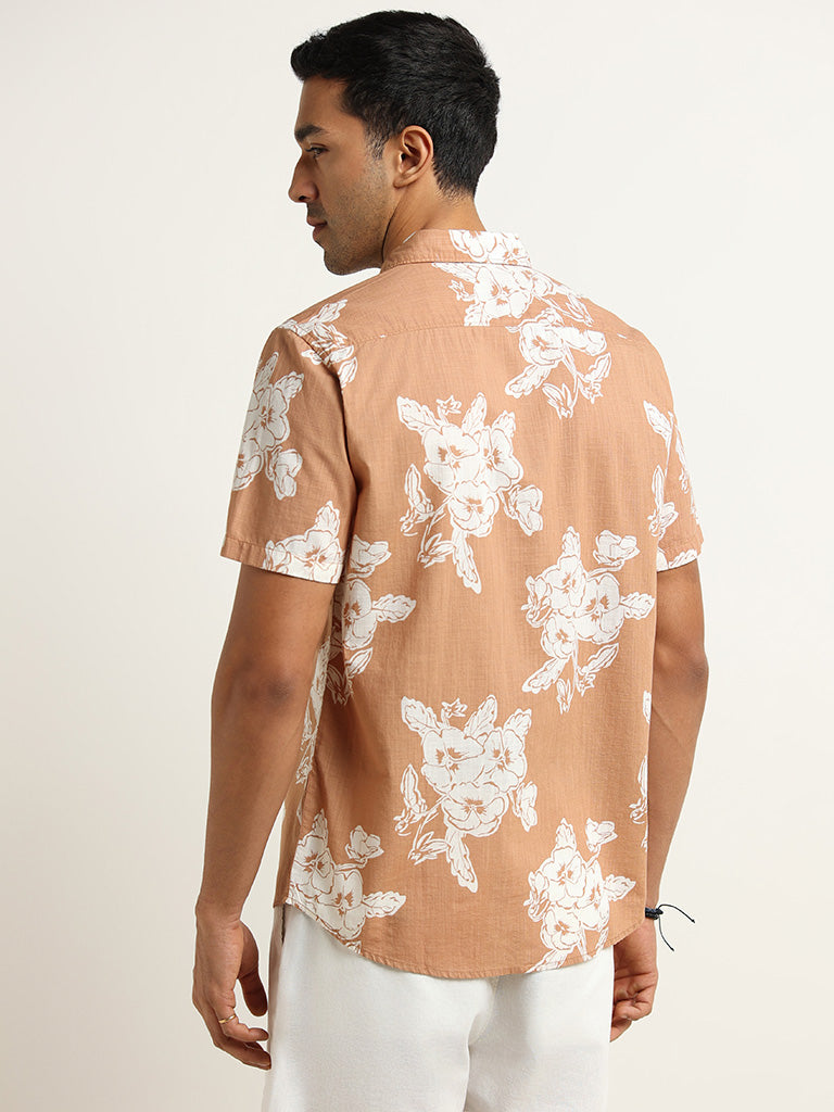 WES Casuals Brown Slim-Fit Floral Print Cotton Shirt