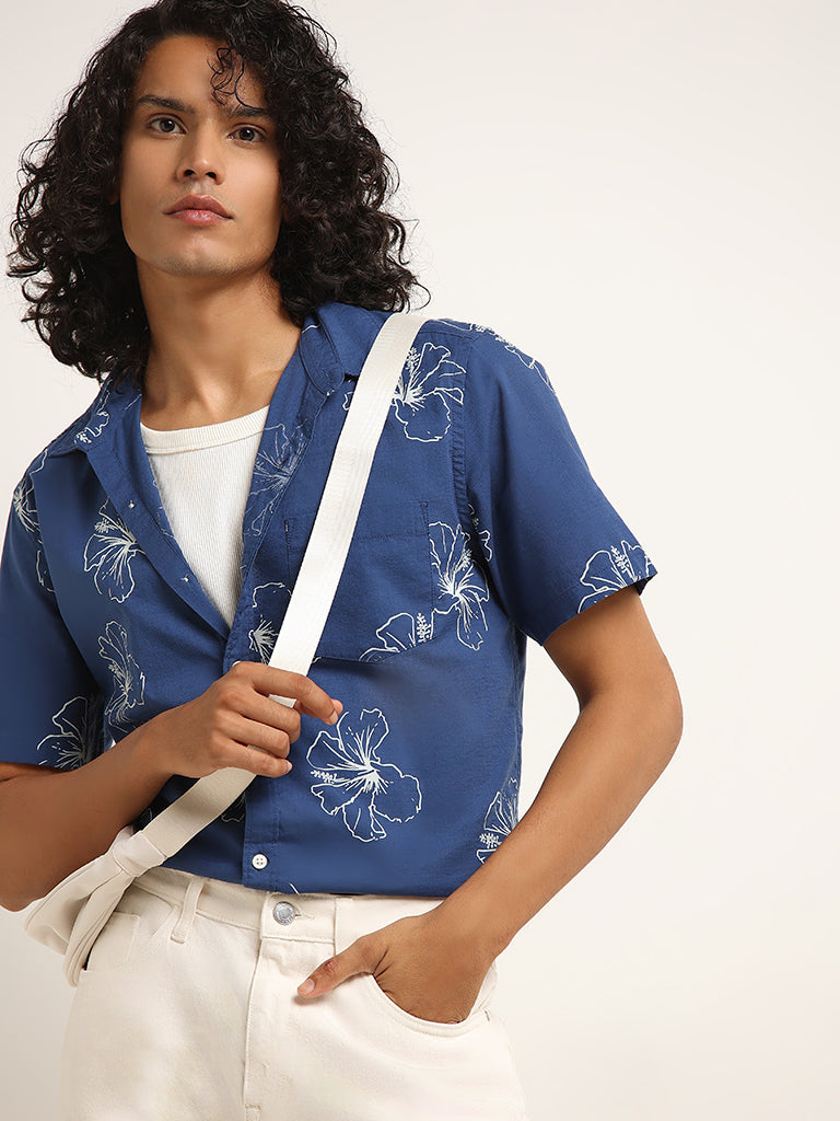 WES Casuals Blue Slim-Fit Floral Print Shirt