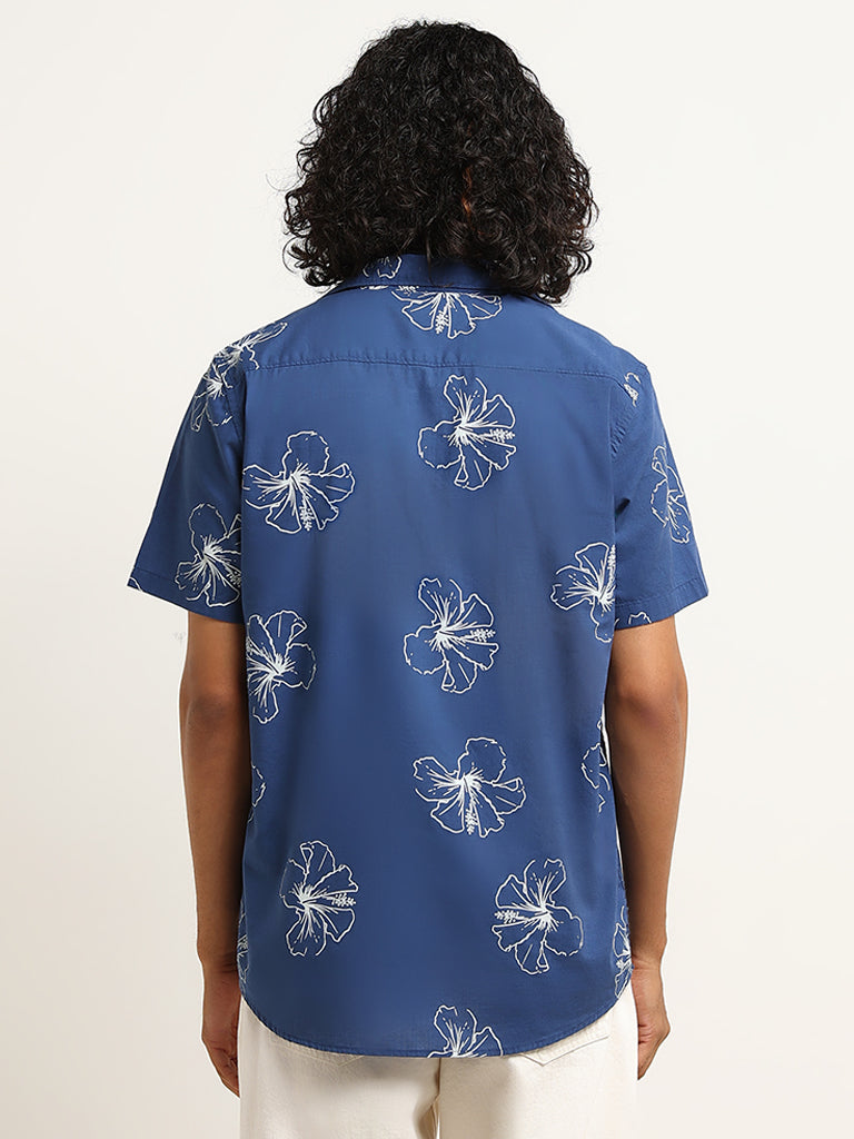 WES Casuals Blue Slim-Fit Floral Print Shirt