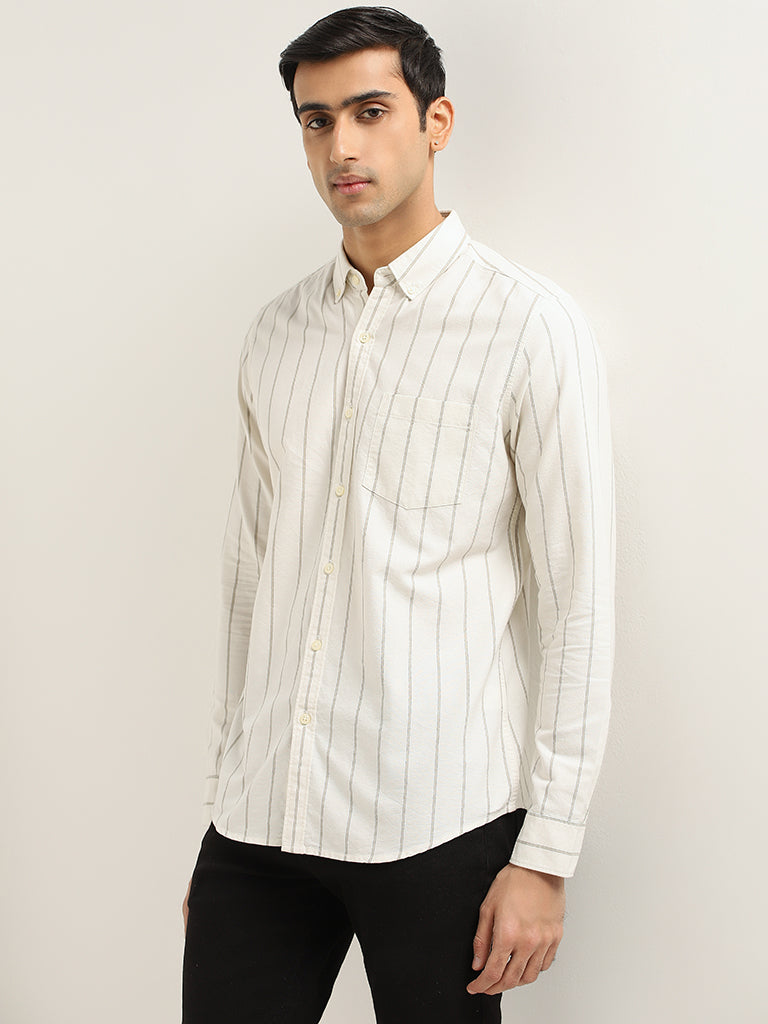 WES Casuals Off-White Striped Cotton Slim Fit Shirt