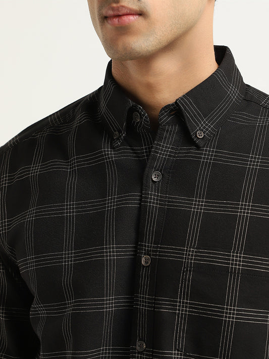 WES Casuals Black Checked Cotton Relaxed Fit Shirt