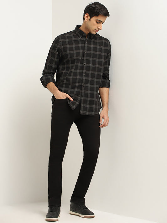 WES Casuals Black Checked Cotton Relaxed Fit Shirt