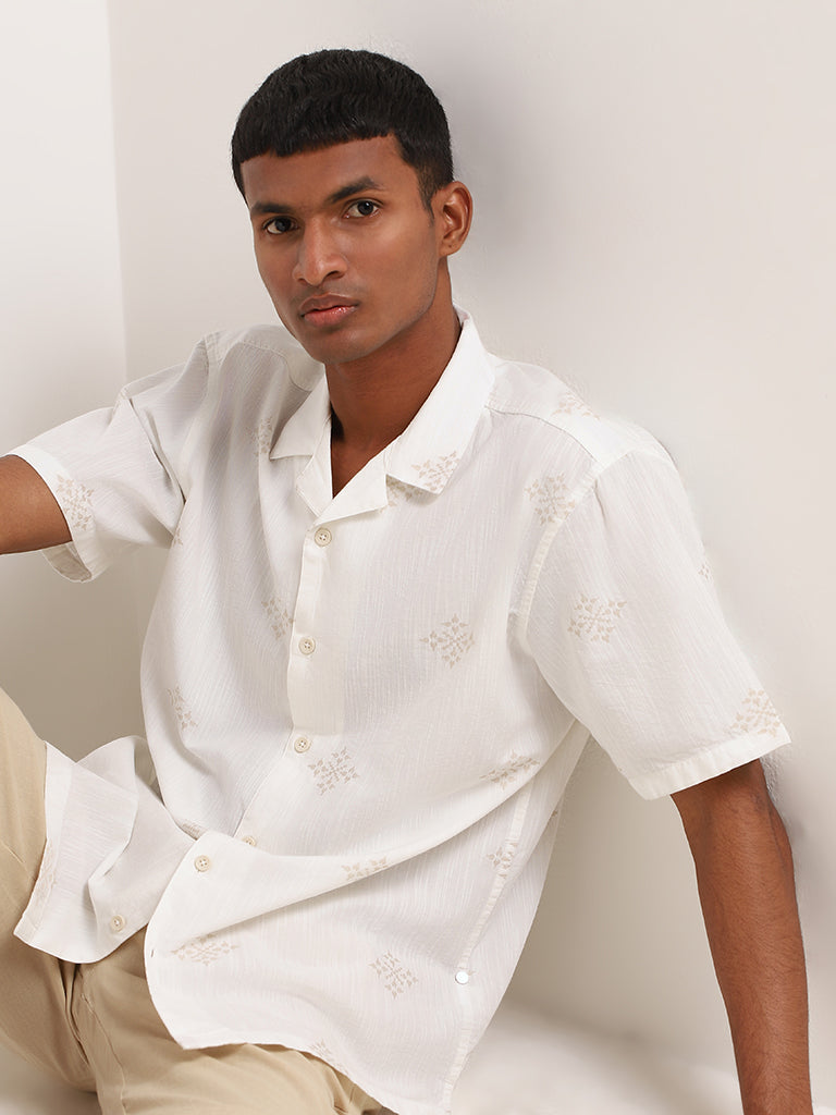 ETA White Embroidered Cotton Blend Resort Fit Shirt