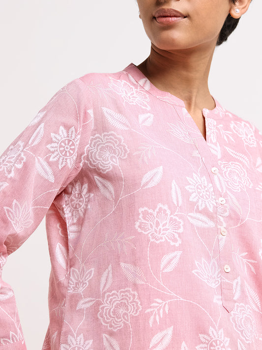 Utsa Pink Floral-Print Cotton Kurti