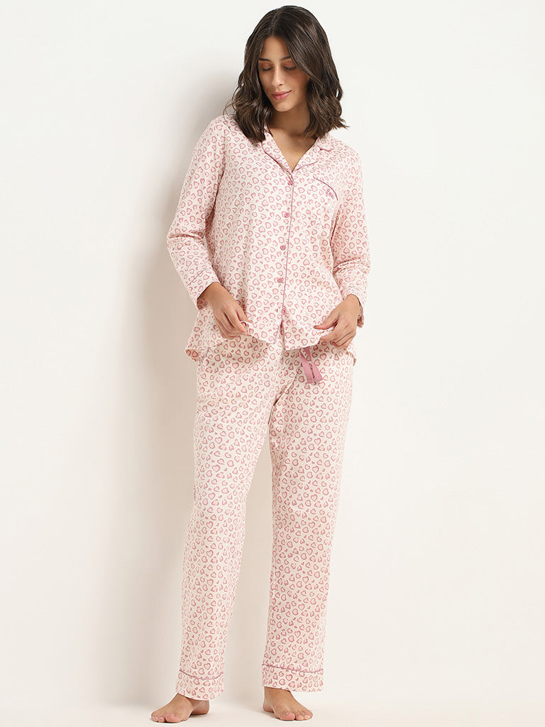 Wunderlove Pink Cotton Shirt and Pyjama Set