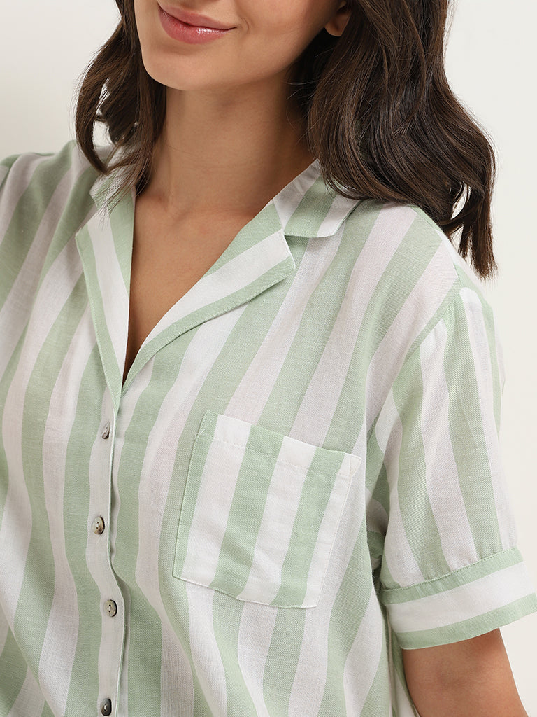 Wunderlove Green Striped Cotton Shirt and Pyjama Set